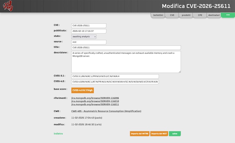 Pagina di gestione delle CVE